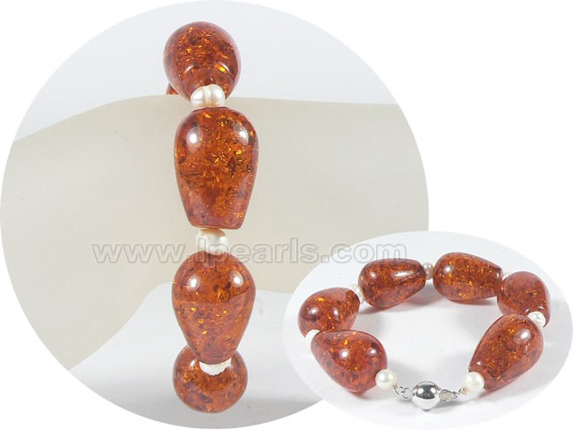 wholesale 5-6mm potato pearl bracelet with 17mm amber