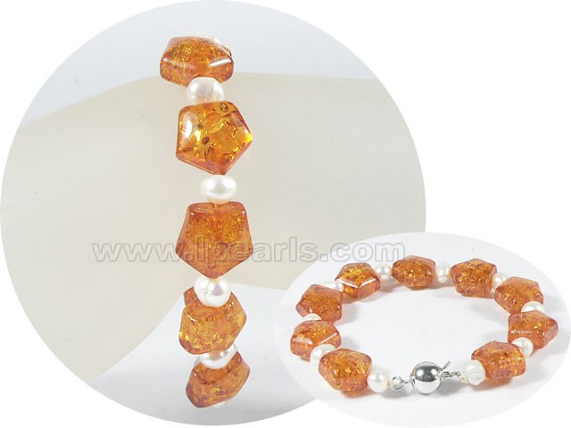wholesale 5-6mm potato pearl bracelet with 13mm amber