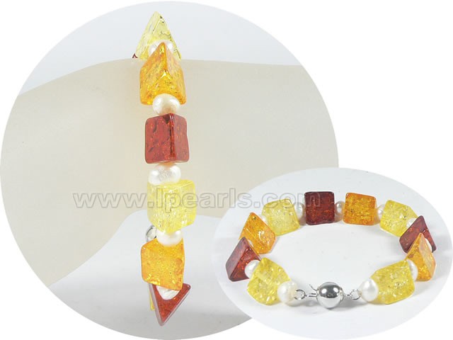wholesale 5-6mm potato pearl bracelet with 13mm amber