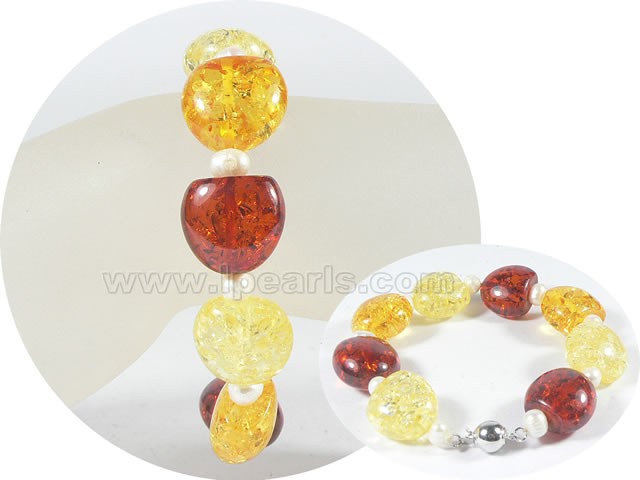 5-6mm potato pearl bracelet with 18mm amber