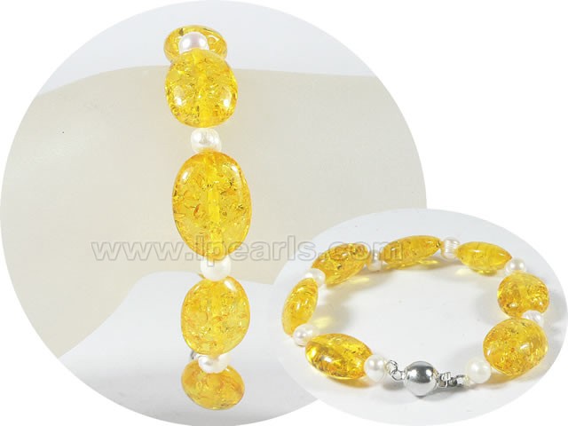 5-6mm potato pearl bracelet with 14mm amber