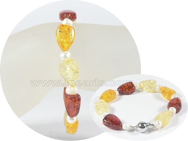 wholesale 5-6mm potato pearl bracelet with 11mm amber
