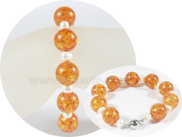 wholesale 5-6mm potato pearl bracelet with 14mm amber