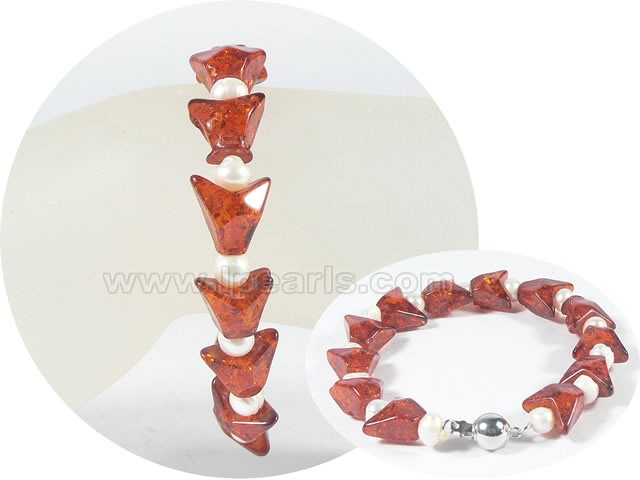 wholesale 5-6mm potato pearl bracelet with 13mm amber