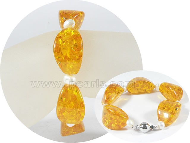 wholesale 5-6mm potato pearl bracelet with 17mm amber