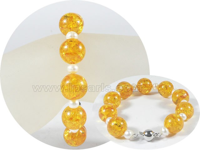 wholesale 5-6mm potato pearl bracelet with 14mm amber