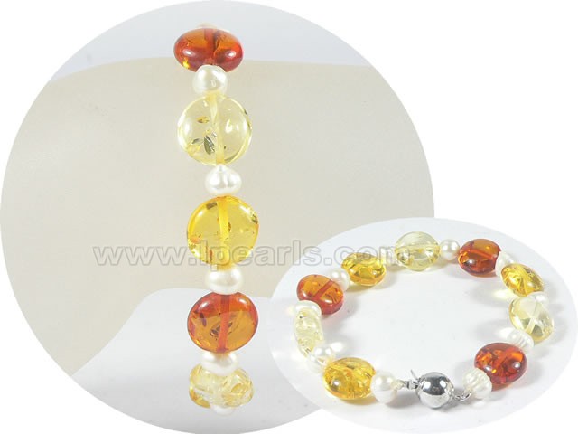 5-6mm potato pearl bracelet with 12mm amber wholesale