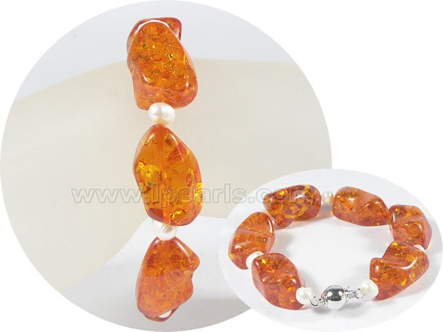 5-6mm potato pearl bracelet with 15mm amber wholesale