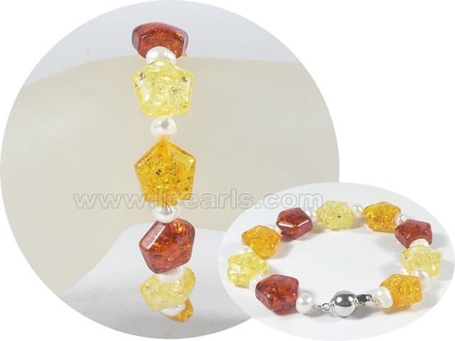 5-6mm potato pearl bracelet with 13mm amber wholesale