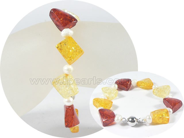 5-6mm potato pearl bracelet with 15mm amber wholesale
