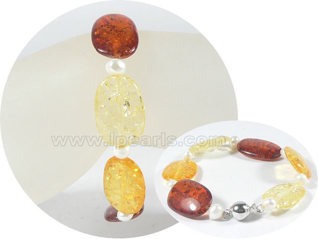 5-6mm potato pearl bracelet with 16mm amber wholesale