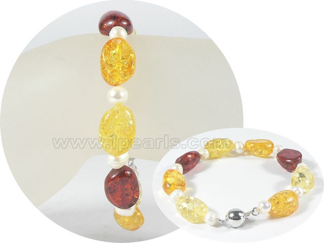 5-6mm potato pearl bracelet with 11mm amber wholesale