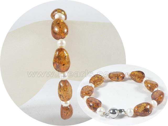 5-6mm potato pearl bracelet with 11mm amber wholesale