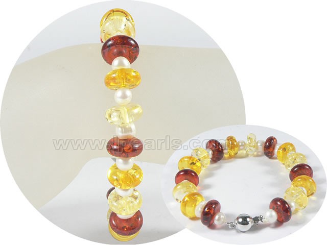 5-6mm potato pearl bracelet with 12*5mm amber wholesale