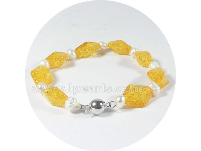 5-6mm potato pearl bracelet with 13mm amber wholesale