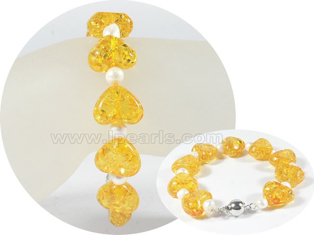 5-6mm potato pearl bracelet with 16mm amber wholesale
