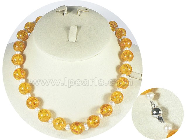 round amber beads and 5-6mm potato pearl necklace