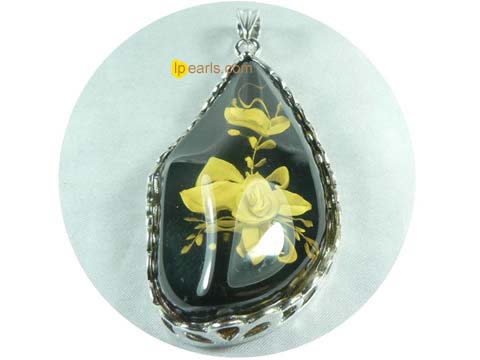 5ps 40mmx70mm black amber pendant with 18K GP mounting