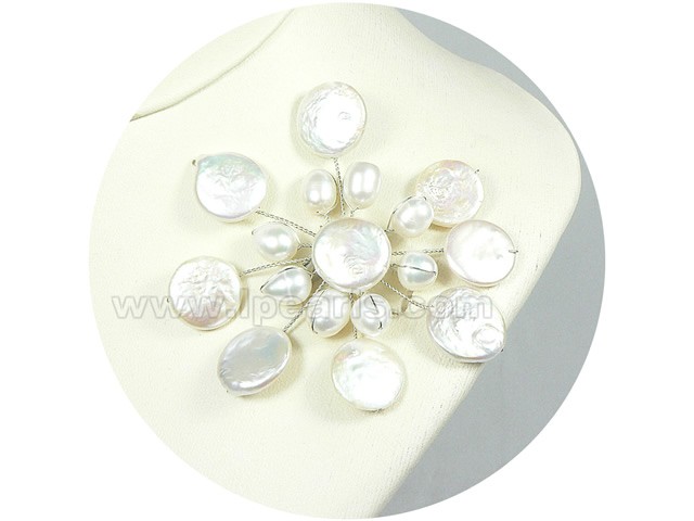 white coin shape freshwater pearl brooch