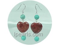 20mm heart shape red coral dangling earrings with turquoise