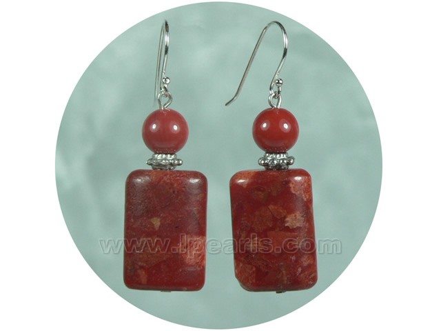 15*20mm oblong and 8mm round red coral dangling earrings