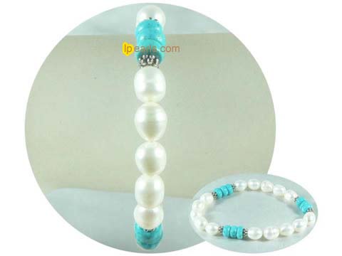 7-8mm white rice freshwater pearl and blue turquoise bracelet