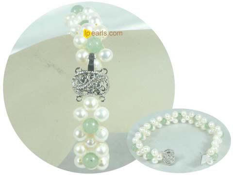 8mm jade and white freshwater pearl knitted bracelet