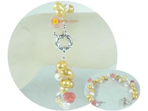 7-8mm yellow gold and white top drilled pearl bracelet