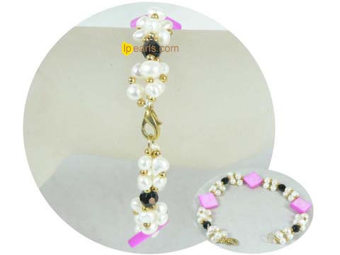 4-5mm white side-drilled pearl bracelet with square shells