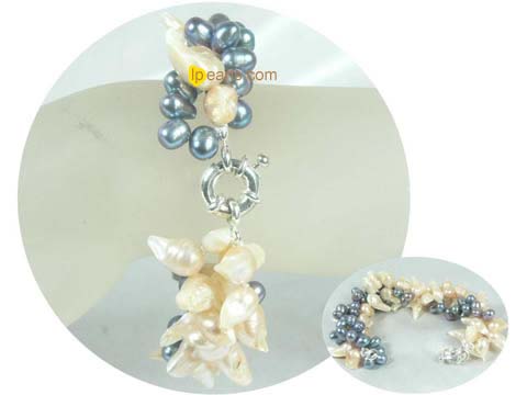 three rows peacock potato freshwater pearl twisted bracelet