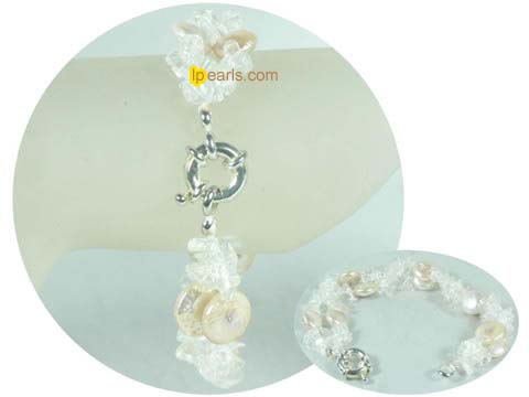 11mm pink coin pearl bracelet with white crystal beads