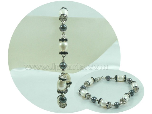 7-8mm white rice and black potato pearl bracelet