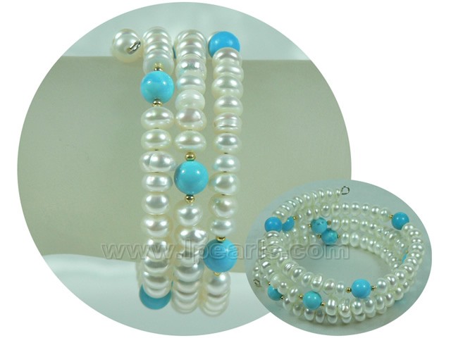 6-7mm white button pearl bracelet with blue turquoise