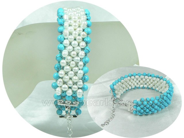 dual-purpose blue turquoise and white potato pearl bracelet