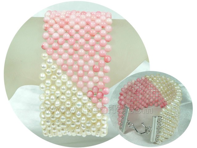 delicate white pearl and pink coral braid bracelet