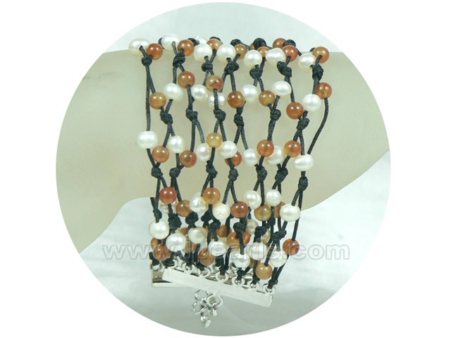 cute red agate and white potato pearl knitted bracelet