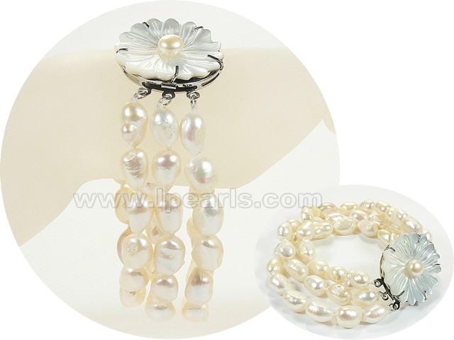 3 row white 9-10mm smooth on both sides pearl bracelet