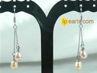 dangling earrings with pink 5*7mm pearl and 18K GP