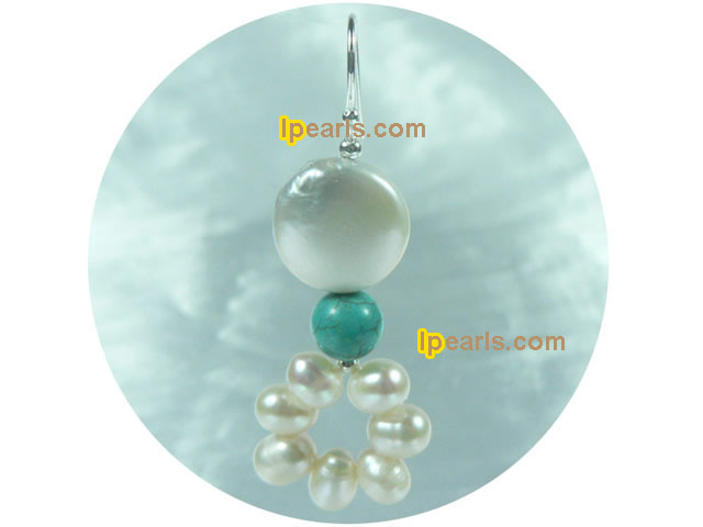 coin and top drilled freshwater pearl with turquoise earrings