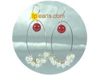 white potato pearls red coral dangling earrings
