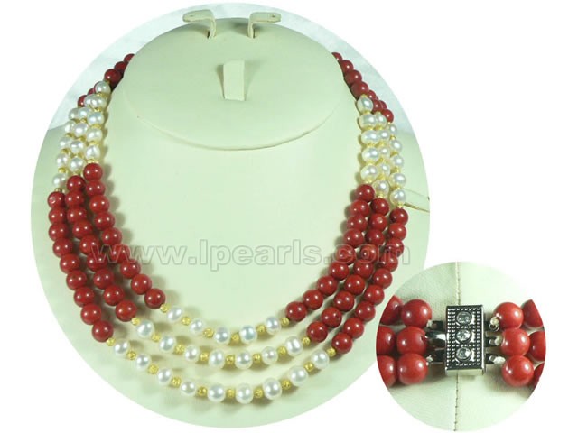 three rows 7-8mm white potato freshwater pearl multi necklace