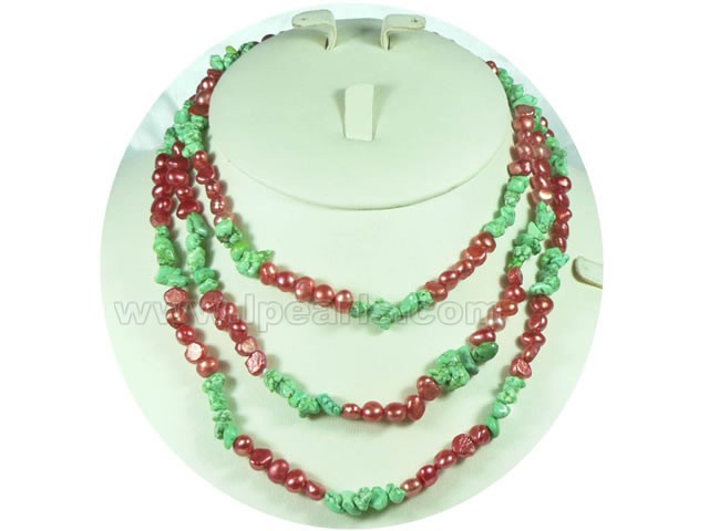 6-7mm red nugget freshwater pearl rope necklace with turquoise