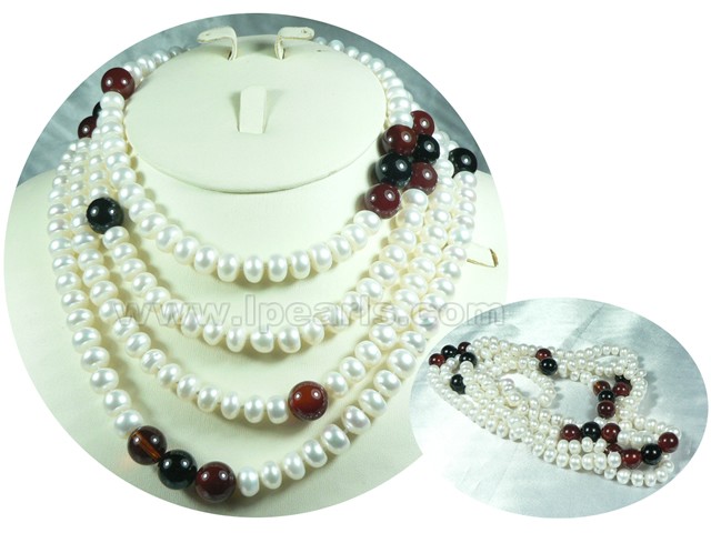 9-10mm white button pearl rope necklace with agates