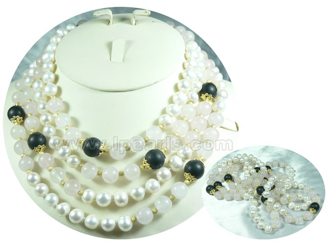 freshwater pearl rope necklace with agates and crystals