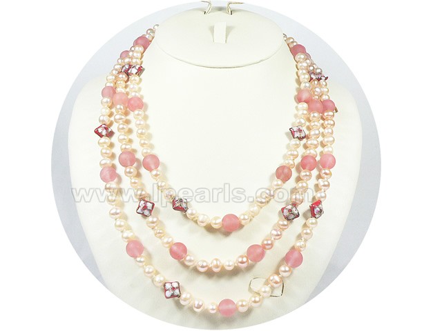 7-8mm pink freshwater pearl necklace with cloisonnes