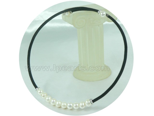 7-8mm white potato freshwater pearl necklace with black leather