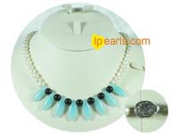 white potato freshwater pearl with blue crystal necklace