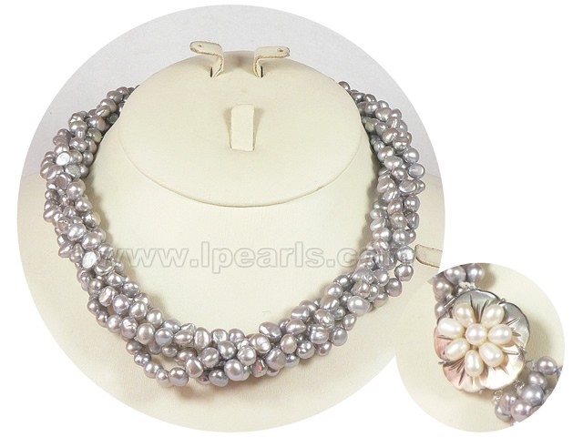 five strands 7-8mm black freshwater pearl twisted necklace