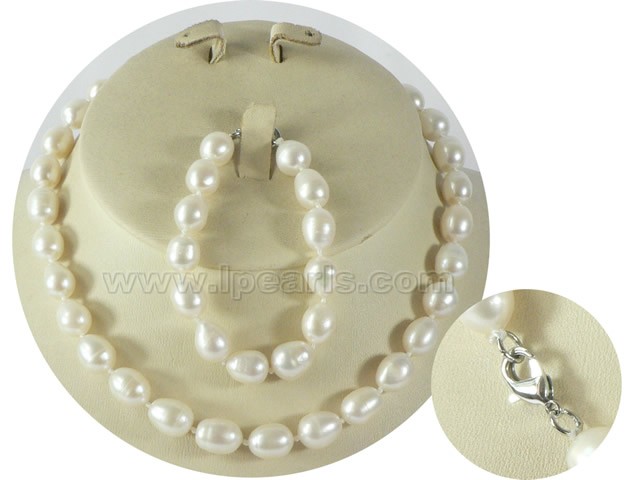 wholesale 9-10mm rice pearl Child's necklace and bracelet set