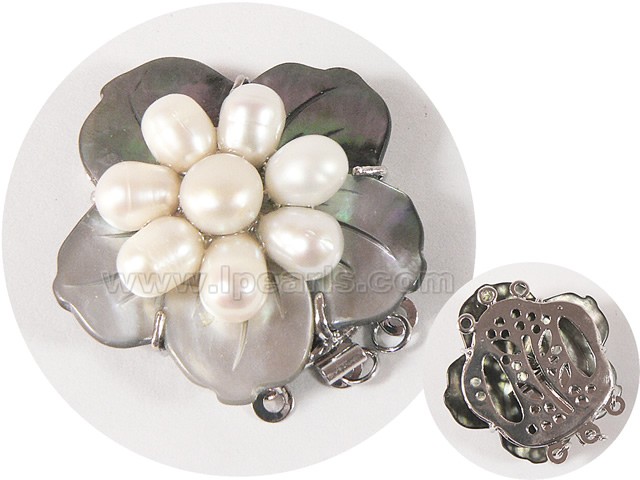 3.5cm 3 rows black flower carved shell clasp with pearl